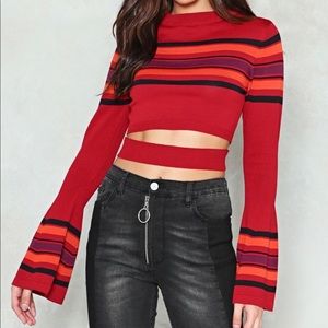 NEW Nasty Gal Red Striped, Knit, long bell sleeves, cut-out at front - Small